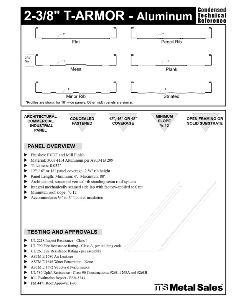 2-3/8" T-Armor Series Aluminum Concealed Fastened Roof Specs