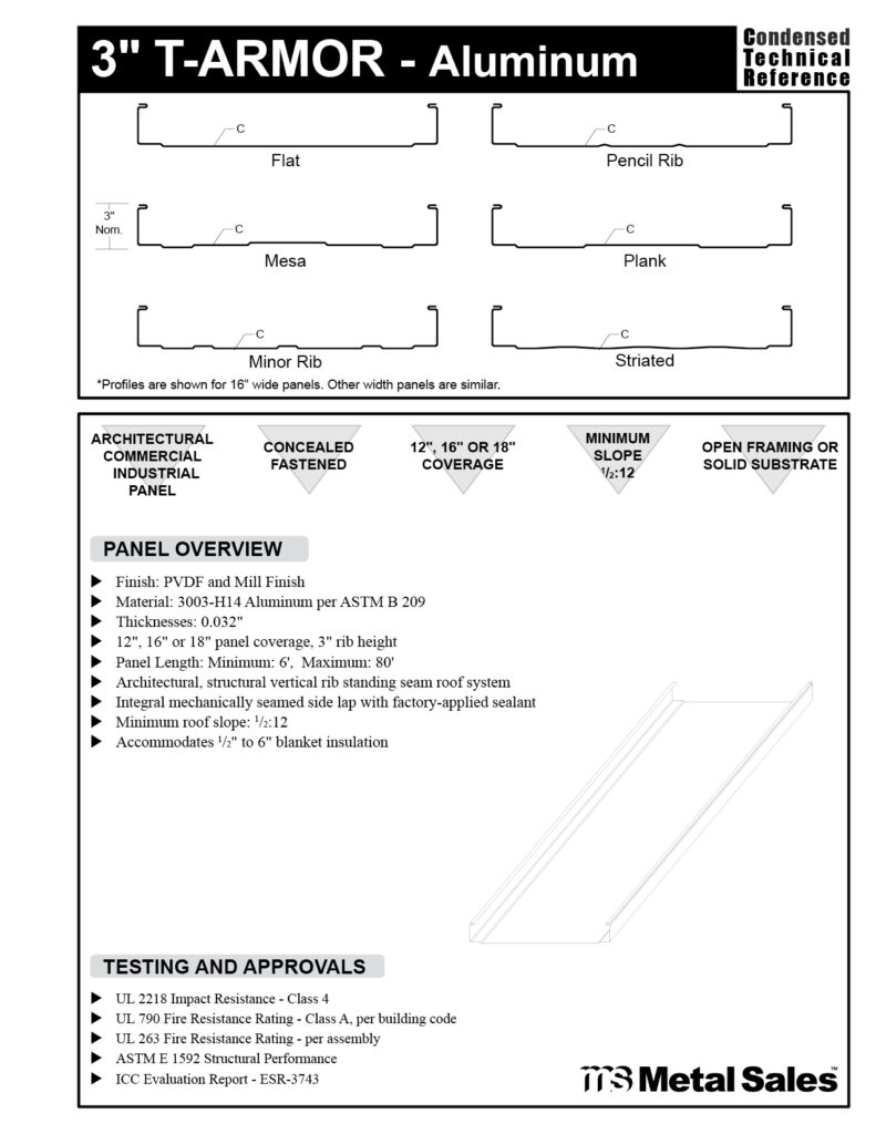 3" T-Armor Series Aluminum Concealed Fastened Roof Panel Specs 