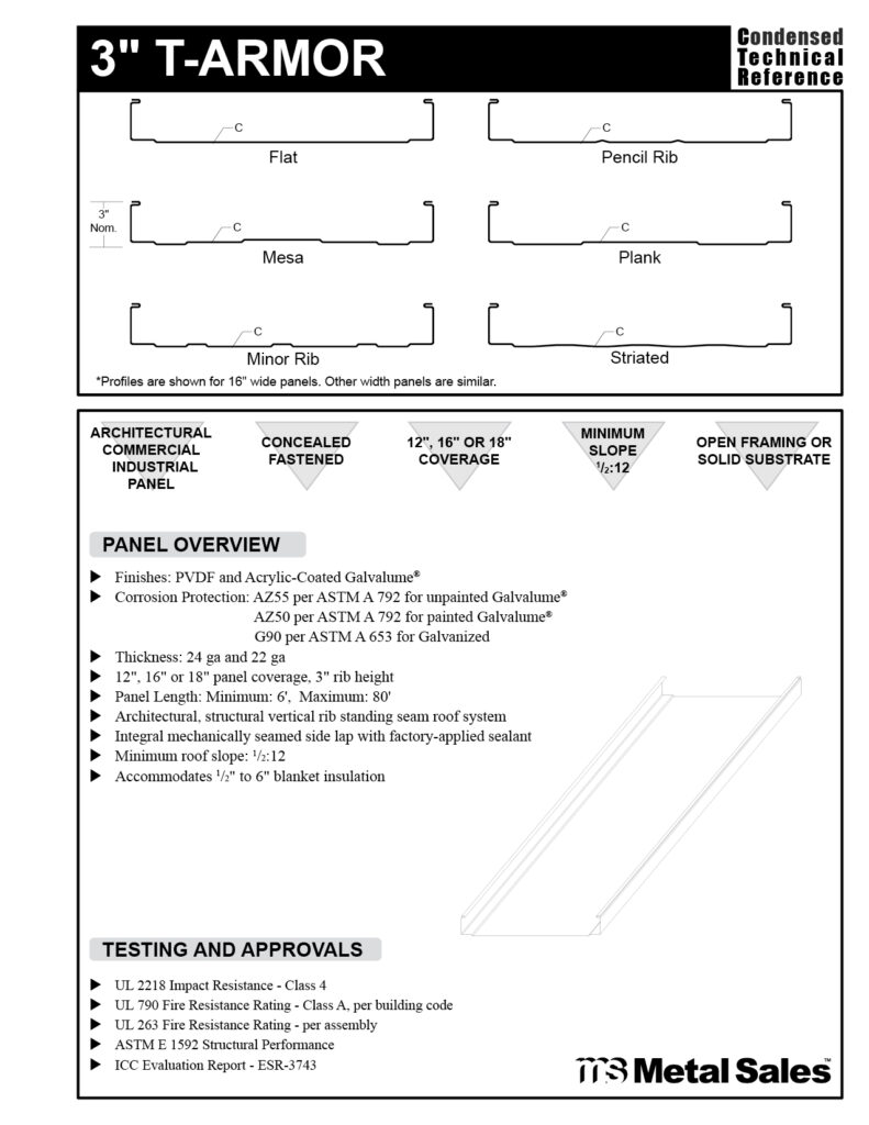 3" T-Armor Series Steel Concealed Fastened Roof Panel Specs 