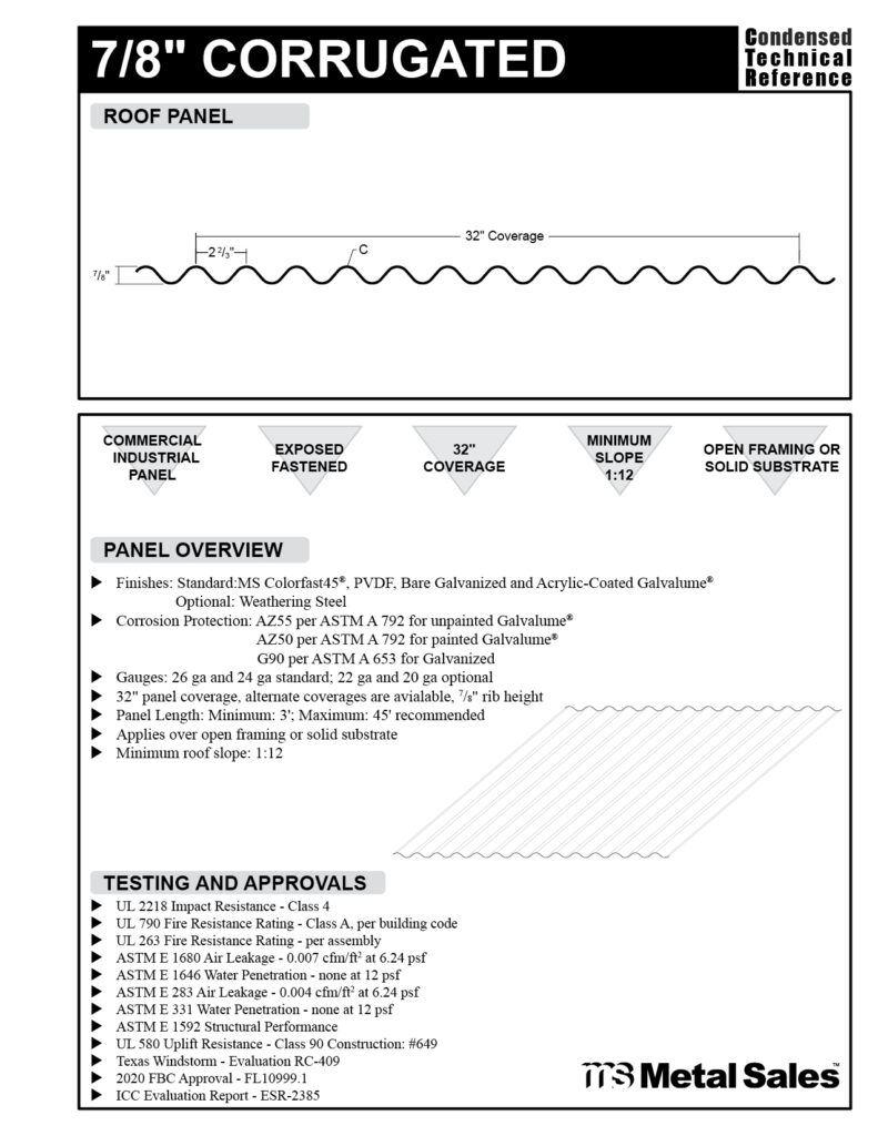 7/8" Corrugated Roof deep rib series roof panel specs