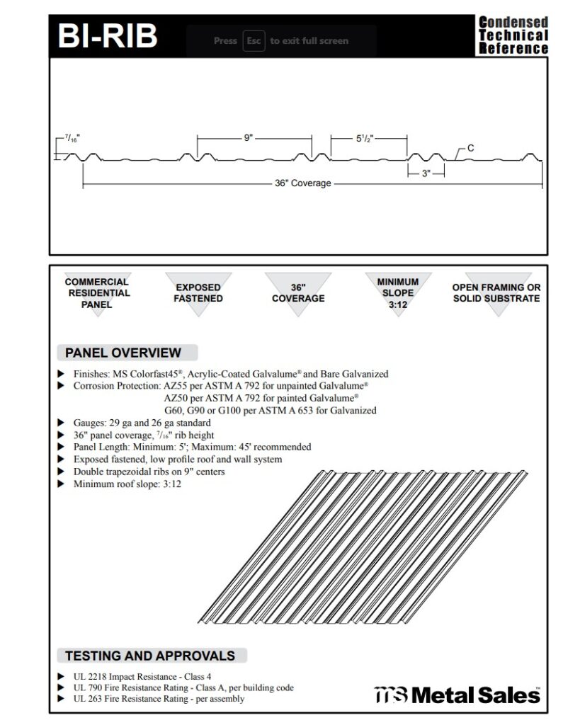 Bi-Rib Roof and Wall Panel Specs