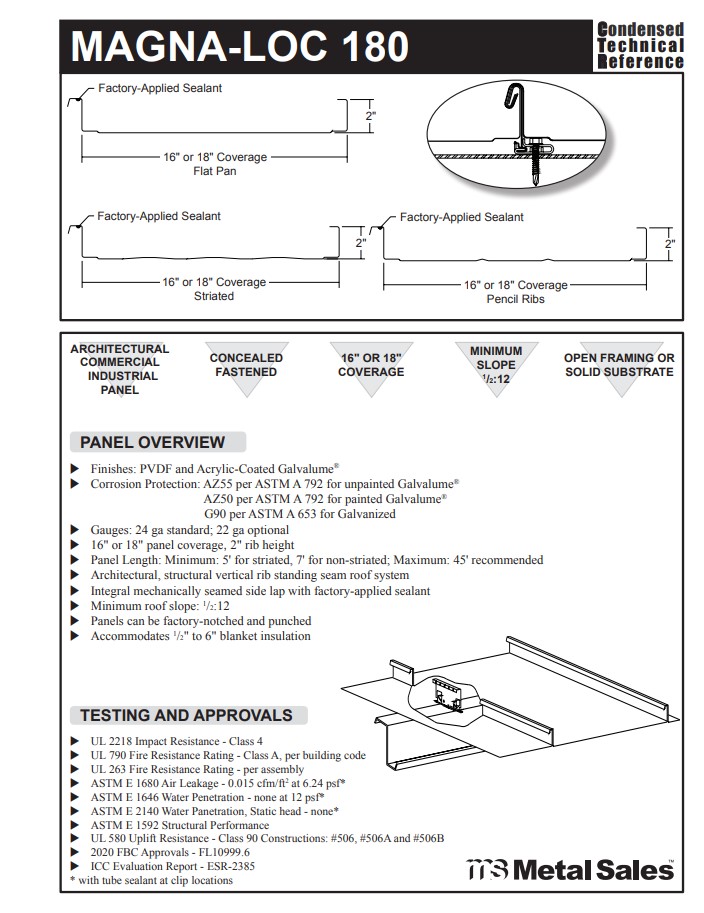 Magna-Loc 180 Concealed Fastened Roof Panel Specs