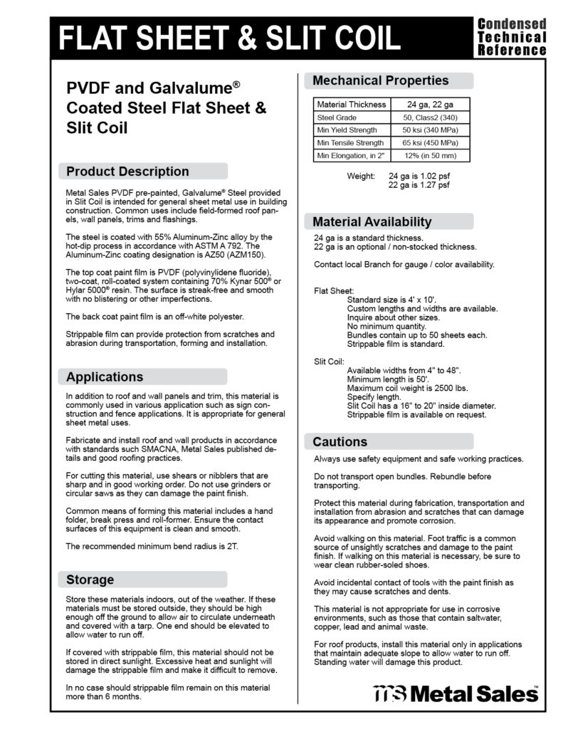 PVDF COATED GALVALUME FLAT SHEET & SLIT COIL SPECS