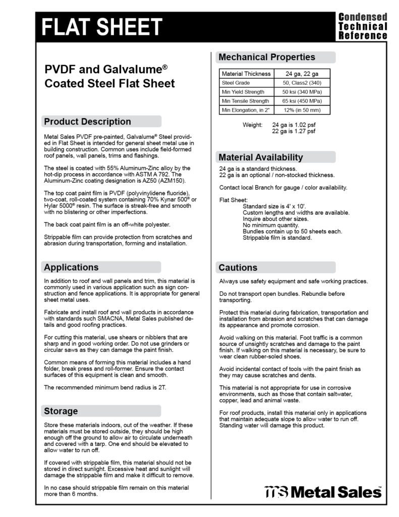 PVDF COATED GALVALUME FLAT SHEET SPECS