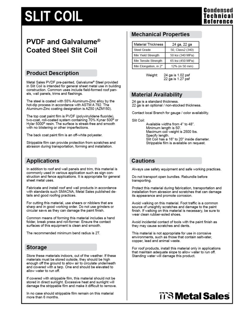 PVDF COATED GALVALUME SLIT COIL SPECS