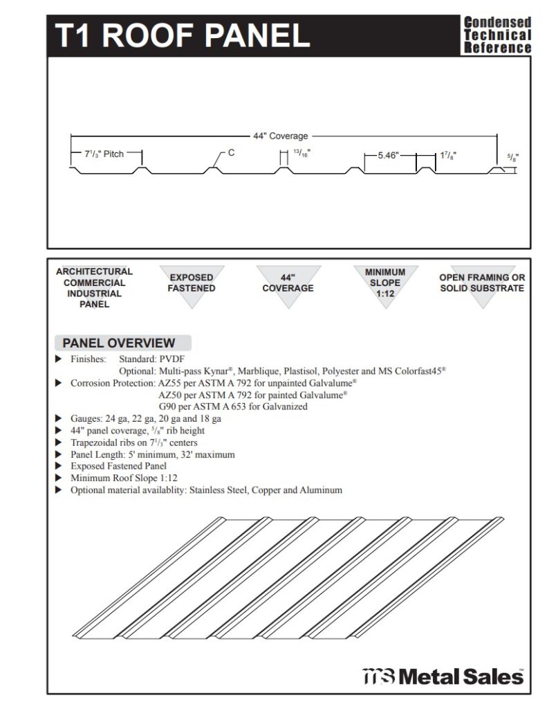 T1 Roof Low Rib Series Exposed Fastened Line Roof Specs