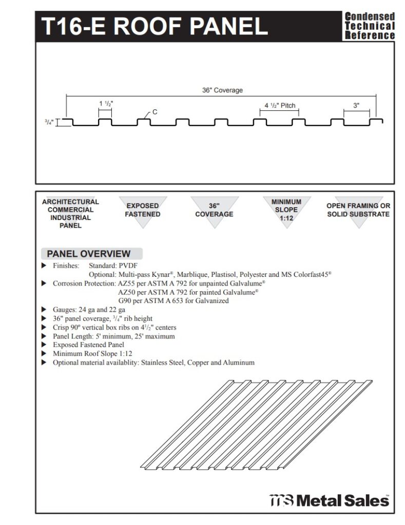T16-E Roof Low Rib Series Exposed Fastened Line Roof Specs