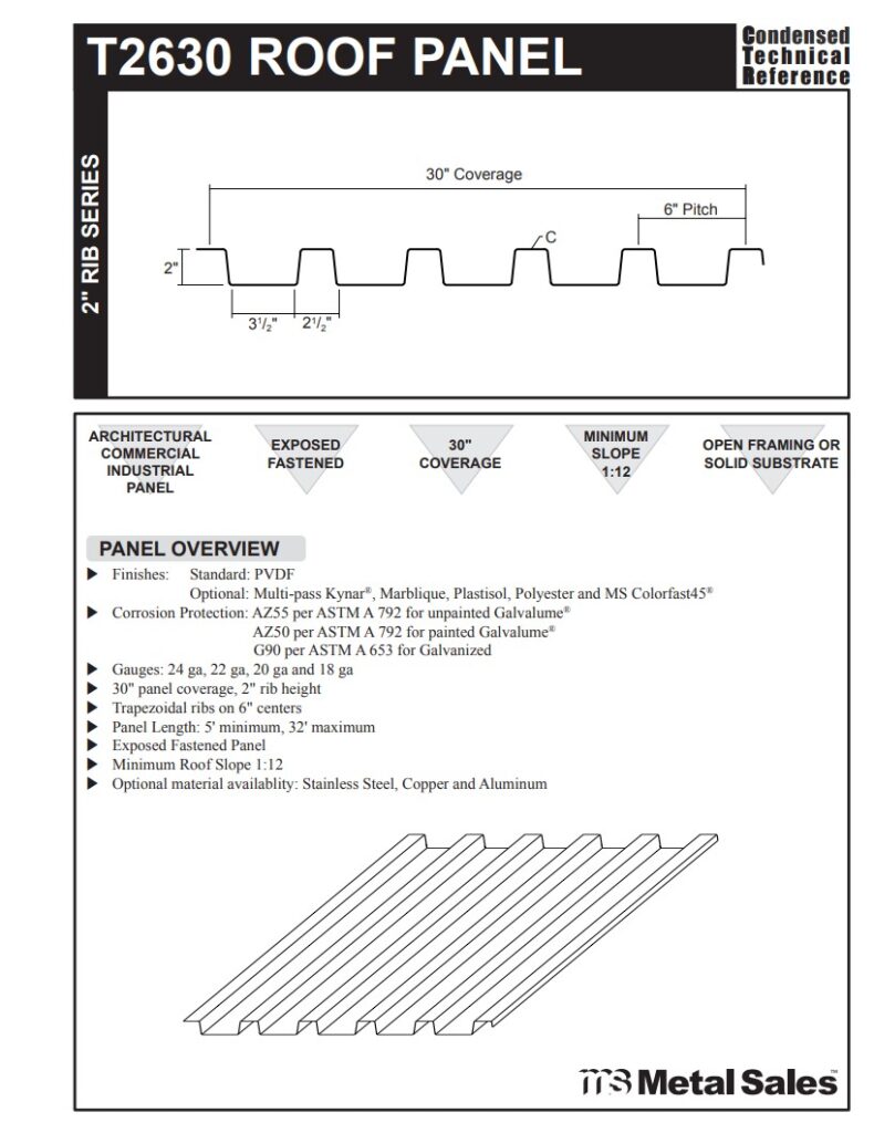 T2630 Roof 2" Rib Series Roof Panel Specs 