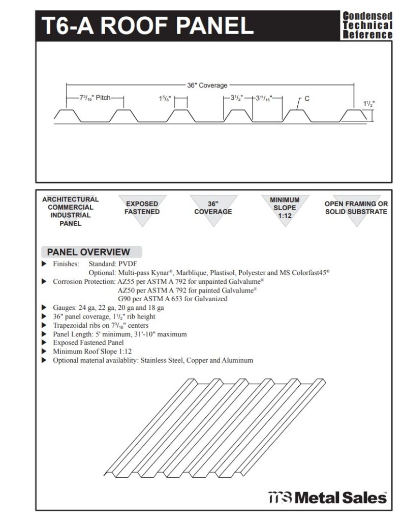 T6-A Roof Low Rib Series Exposed Fastened Line Roof Specs