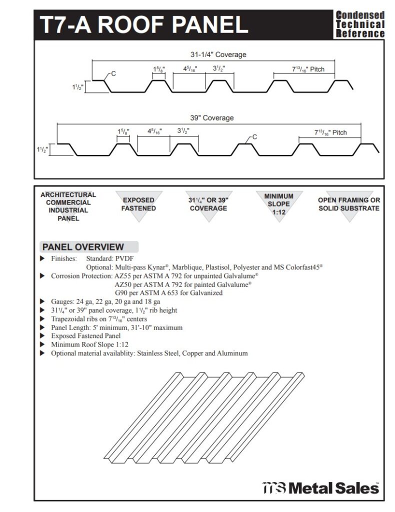T7-A Roof Low Rib Series Exposed Fastened Line Roof Specs