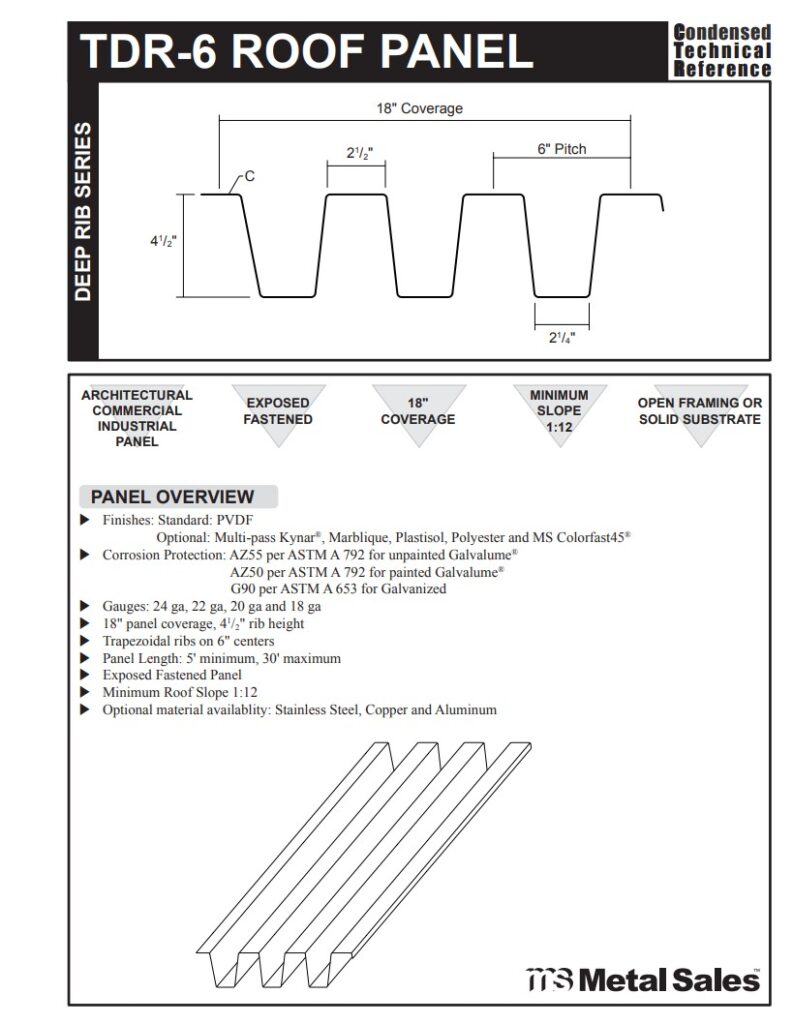 TDR-6 Roof Deep Rib Series Roof Panels  specs
